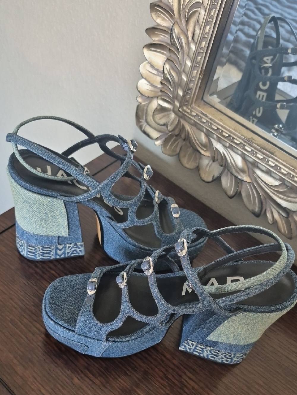 Marc Jacobs Denim-Textured Blue Crystal Strap Platform Block Heels